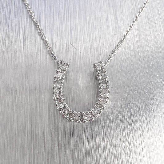 14k White Gold Single Cut Diamond Horseshoe Pendant Necklace 17.5" 0.20ctw