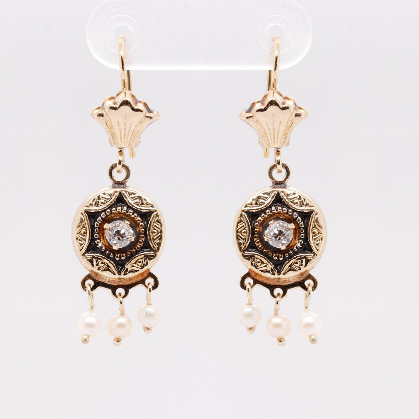 Antique 14k Yellow Gold Old Mine Diamond & Pearl Dangle Earrings 0.20ctw