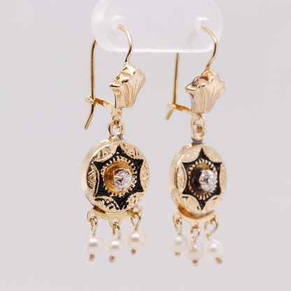 Antique 14k Yellow Gold Old Mine Diamond & Pearl Dangle Earrings 0.20ctw