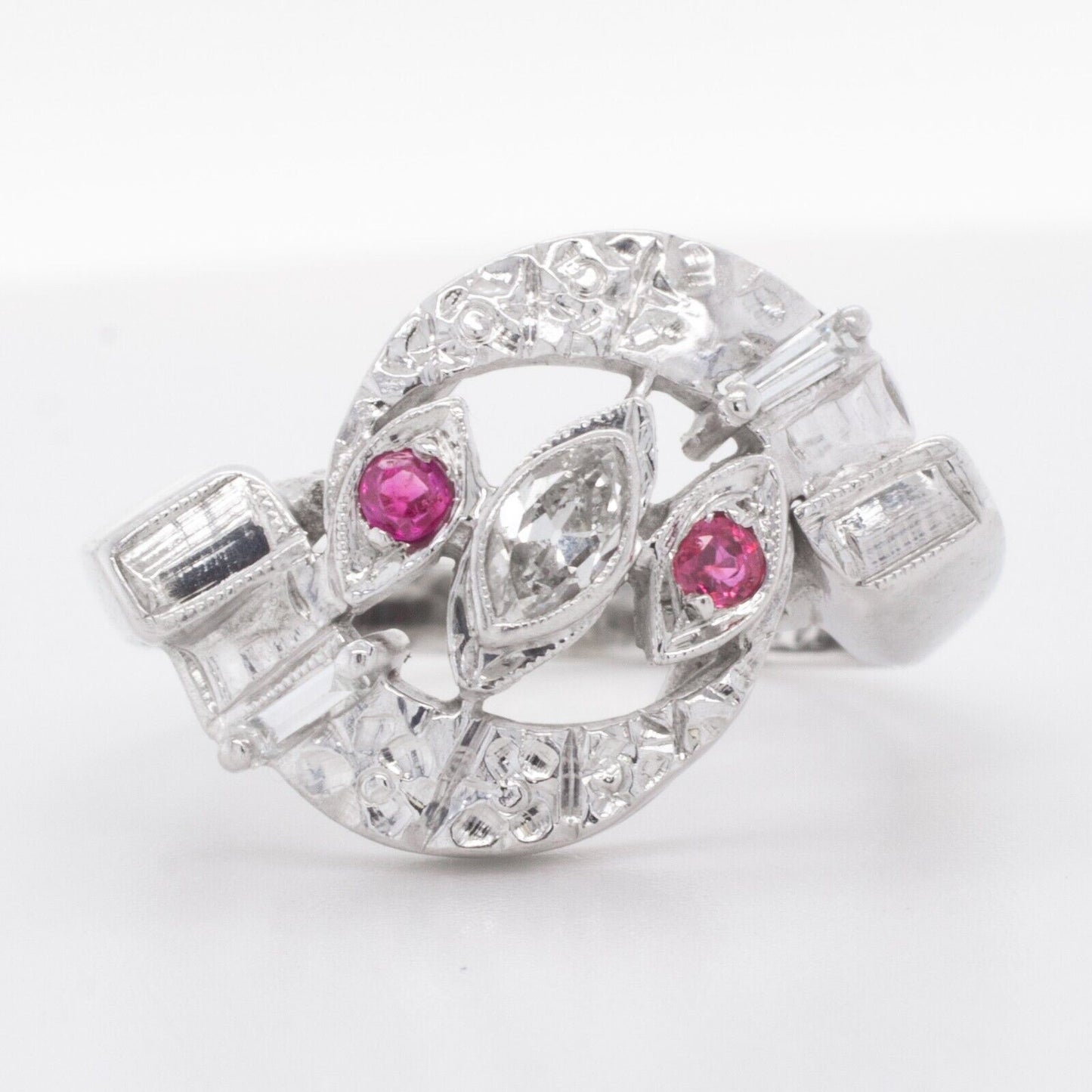 14k White Gold Marquise & Baguette 0.18ctw Diamond & 0.08ctw Ruby Swirl Ring