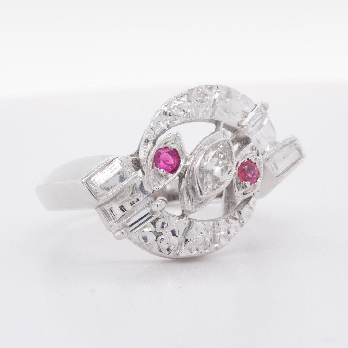 14k White Gold Marquise & Baguette 0.18ctw Diamond & 0.08ctw Ruby Swirl Ring