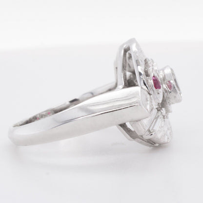 14k White Gold Marquise & Baguette 0.18ctw Diamond & 0.08ctw Ruby Swirl Ring