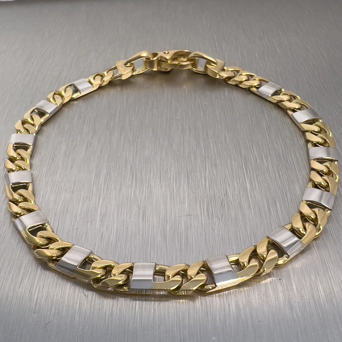 14k White & Yellow Gold Designer Curb / Mariner Link Bracelet 9.5" 6.00mm ITALY