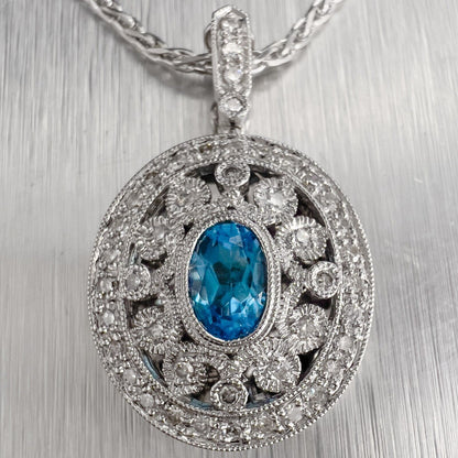 14k White Gold Oval Topaz Diamond Locket Pendant Necklace 0.35ctw 20"