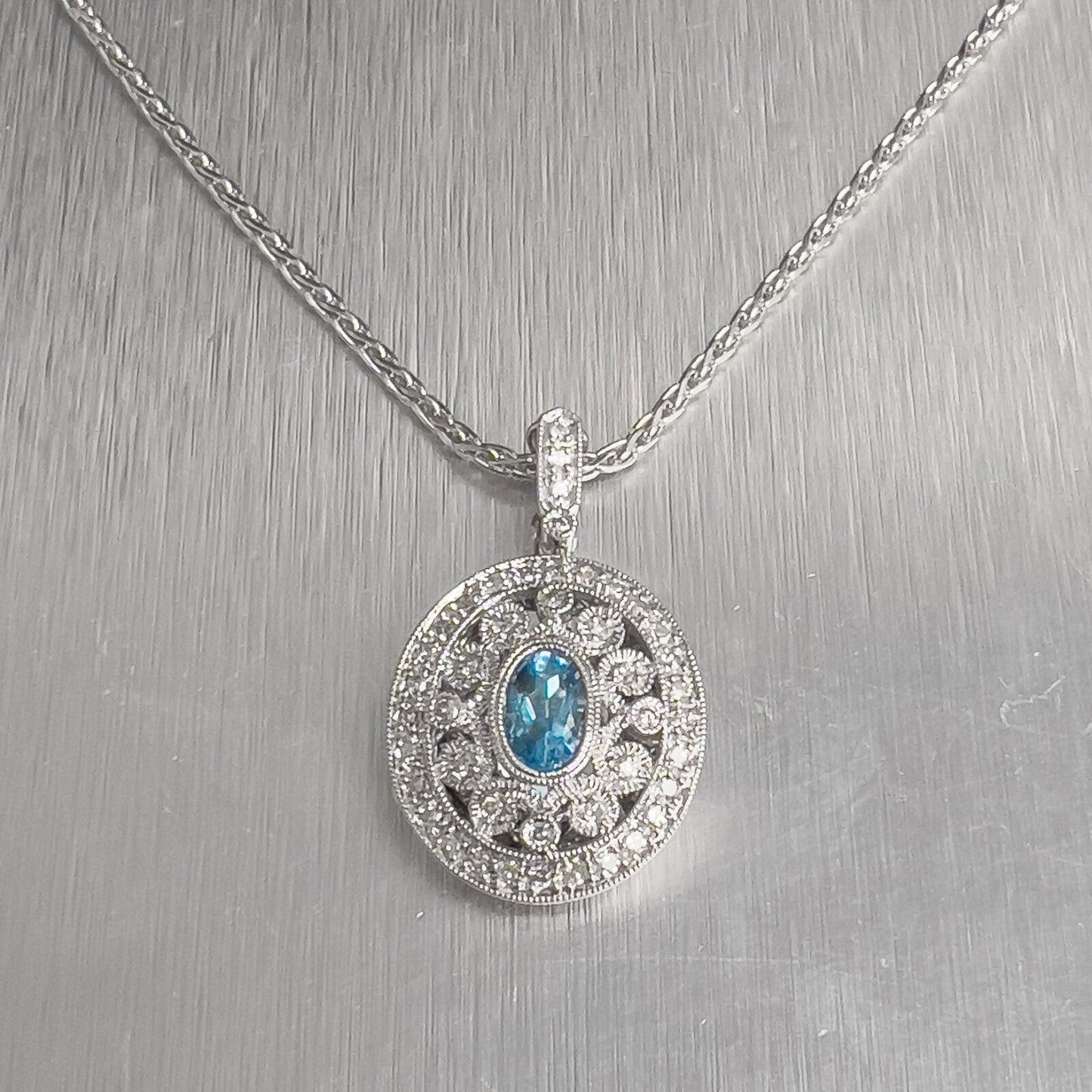 14k White Gold Oval Topaz Diamond Locket Pendant Necklace 0.35ctw 20"