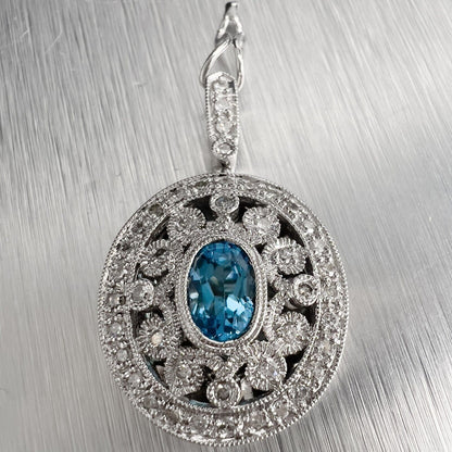 14k White Gold Oval Topaz Diamond Locket Pendant Necklace 0.35ctw 20"