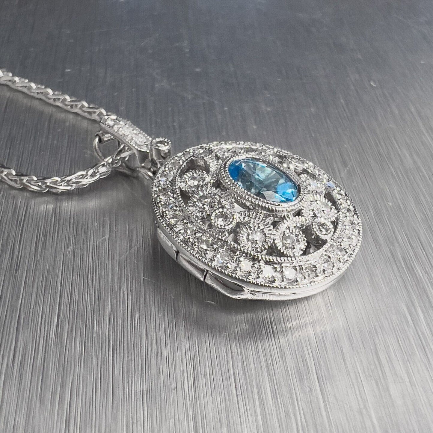 14k White Gold Oval Topaz Diamond Locket Pendant Necklace 0.35ctw 20"