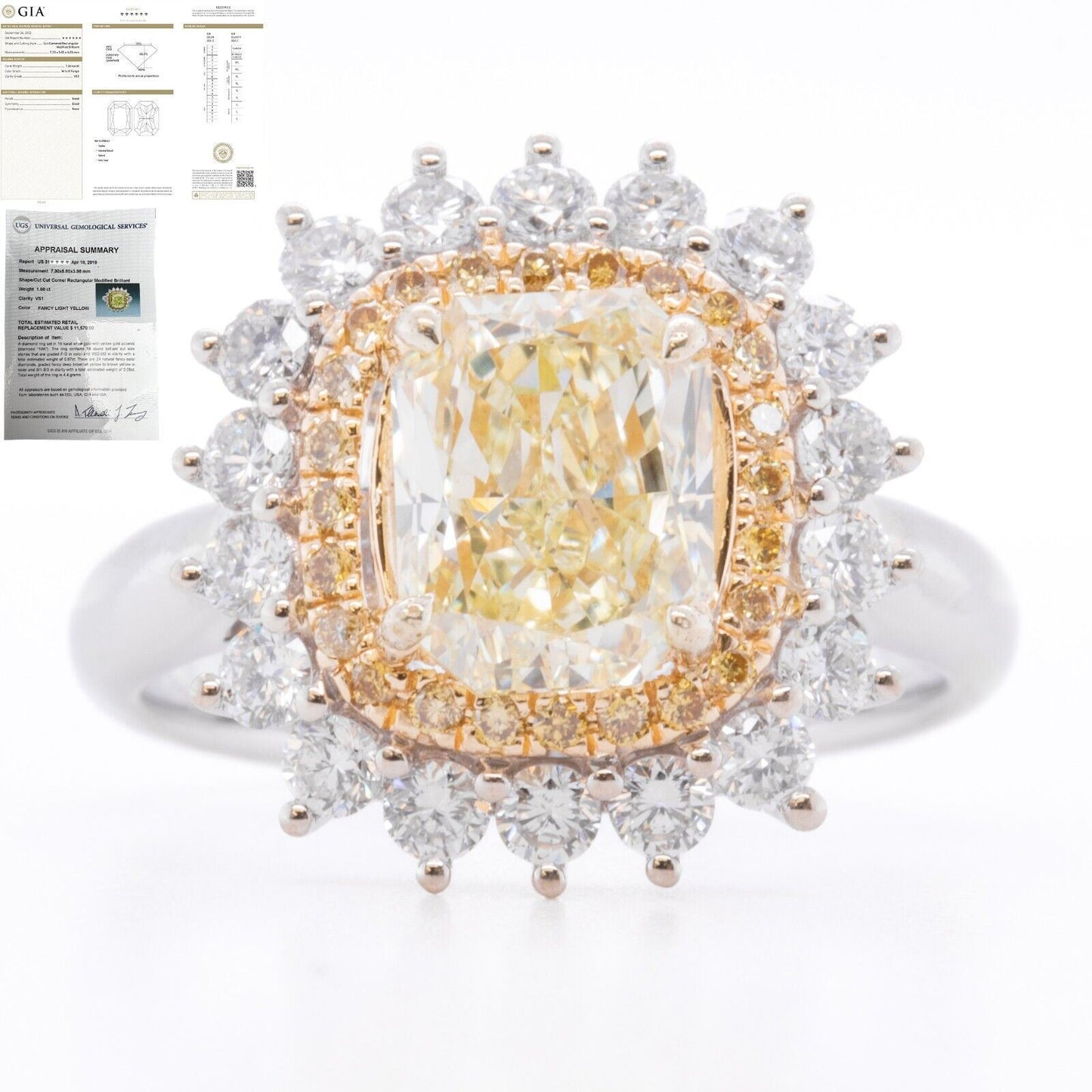 18k White & Yellow Gold GIA UGS Fancy Light Yellow Diamond Halo Ring 2.26ctw sz4