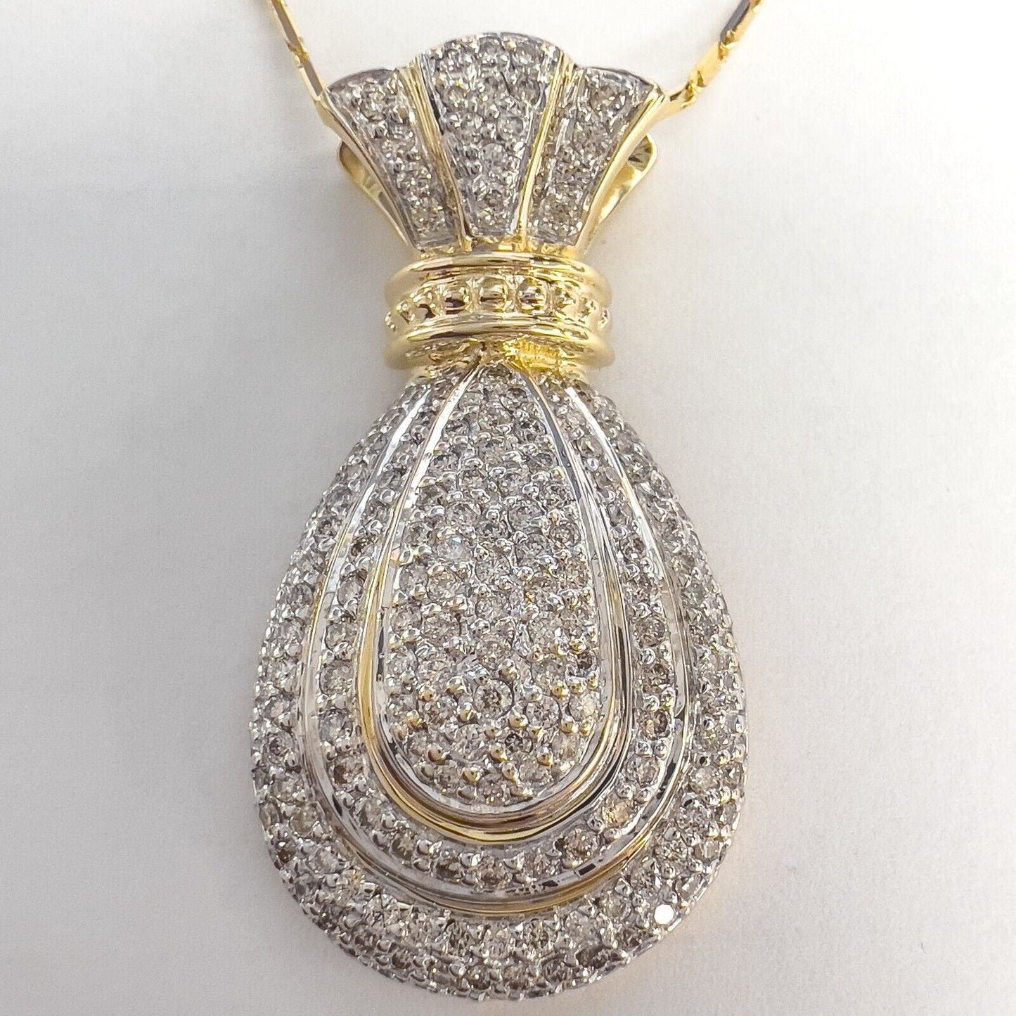 14k White & Yellow Gold Diamond Tiered Purse Pouch Sack Pendant 1.00ctw 18"