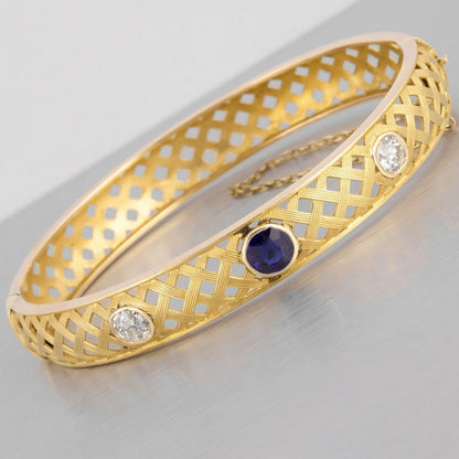 Victorian 14k Yellow Gold Fancy Weave Diamond & Tanzanite Hinged Bangle Bracelet