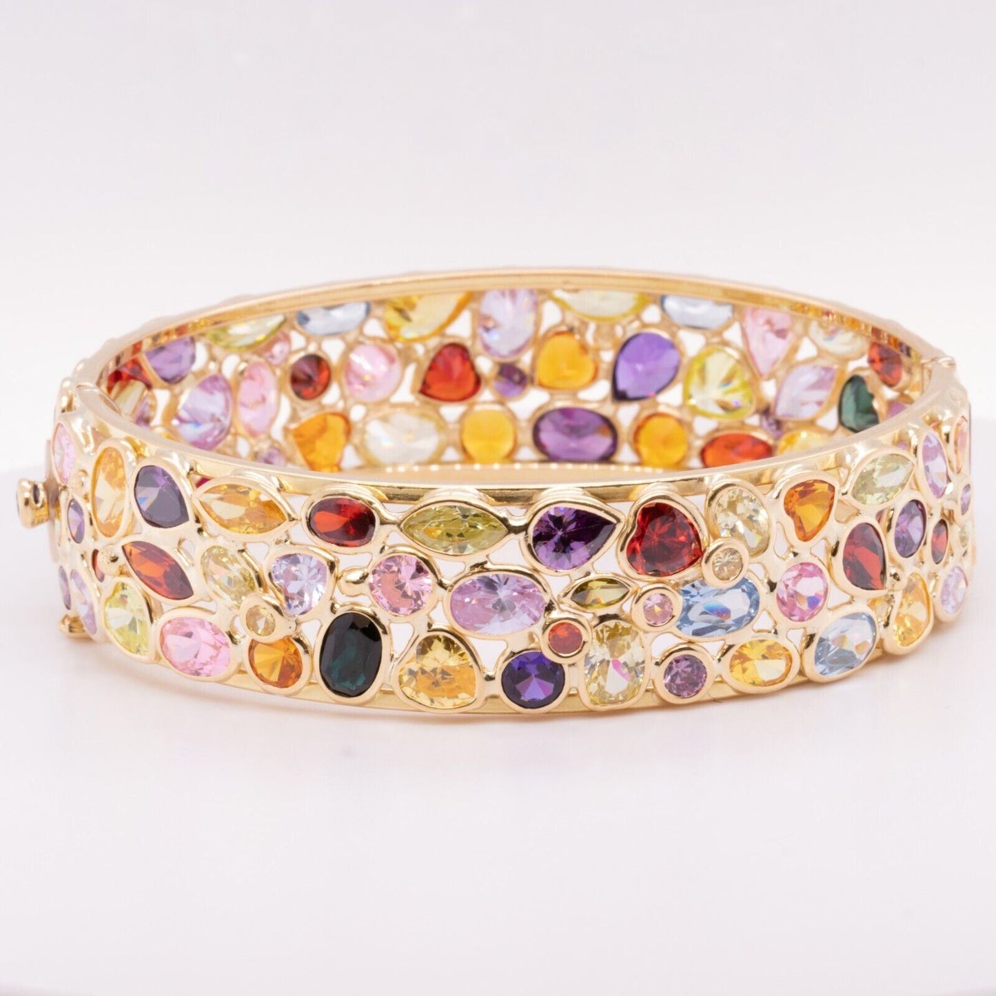 18k Yellow Gold Multi Rainbow Gemstone Hinged Bangle Bracelet 6.75" 45.2g ITALY