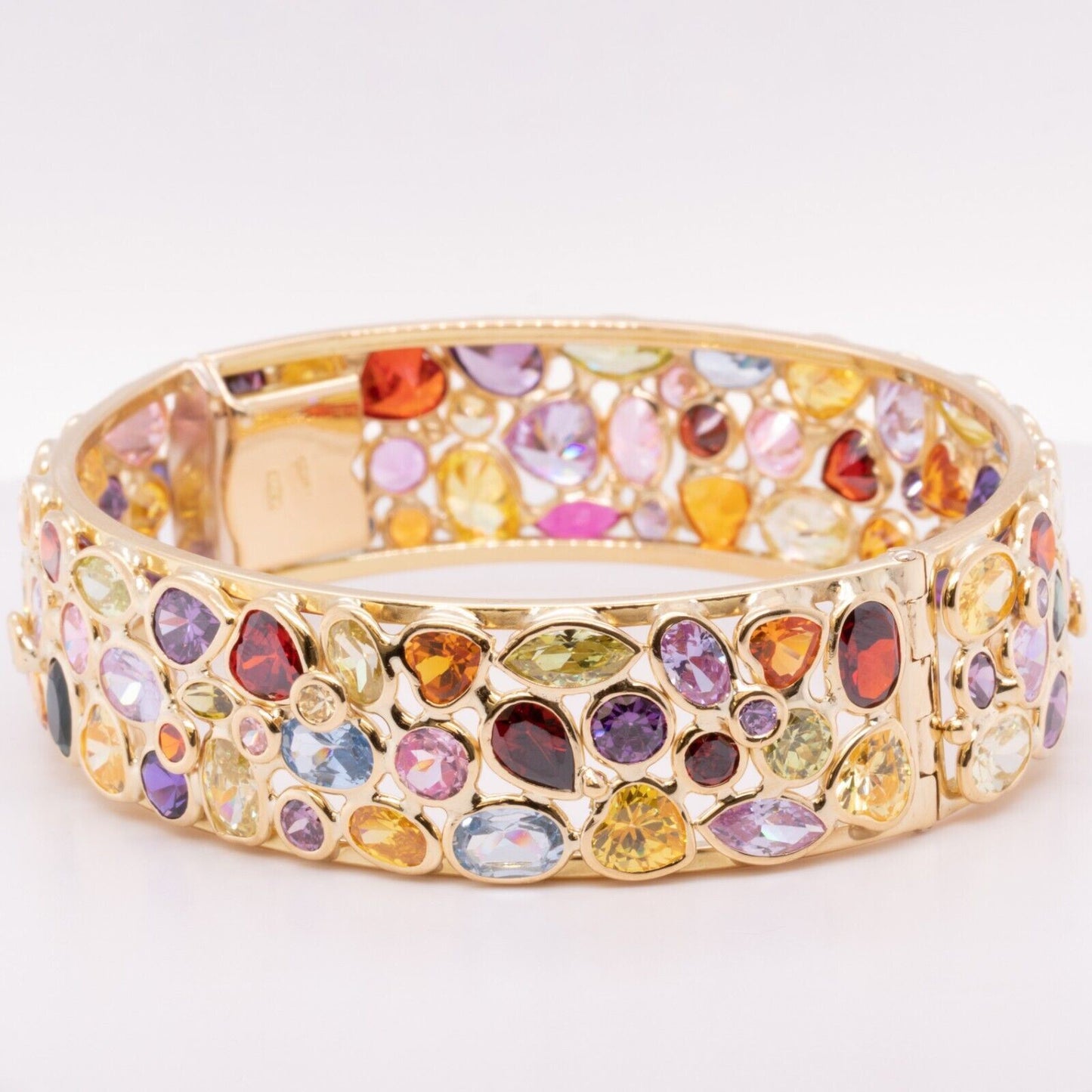 18k Yellow Gold Multi Rainbow Gemstone Hinged Bangle Bracelet 6.75" 45.2g ITALY