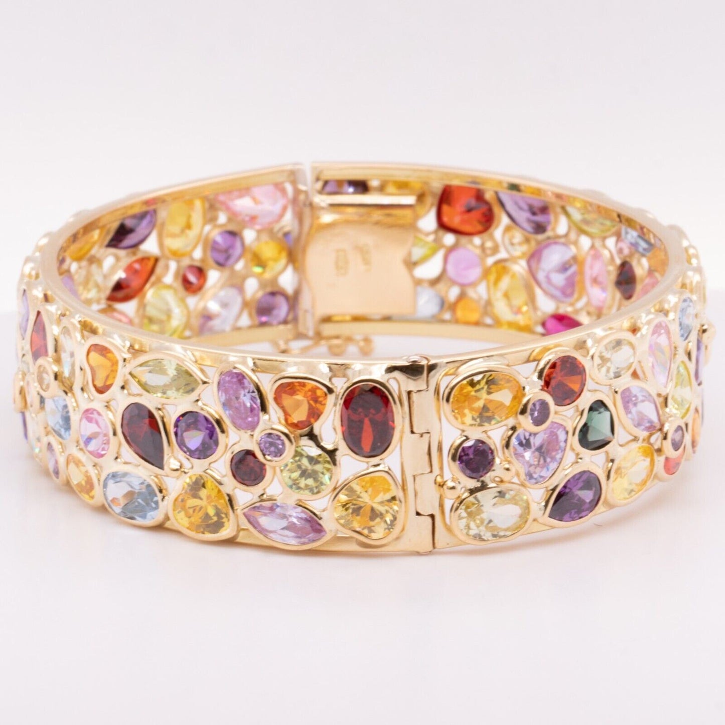 18k Yellow Gold Multi Rainbow Gemstone Hinged Bangle Bracelet 6.75" 45.2g ITALY