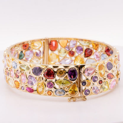 18k Yellow Gold Multi Rainbow Gemstone Hinged Bangle Bracelet 6.75" 45.2g ITALY