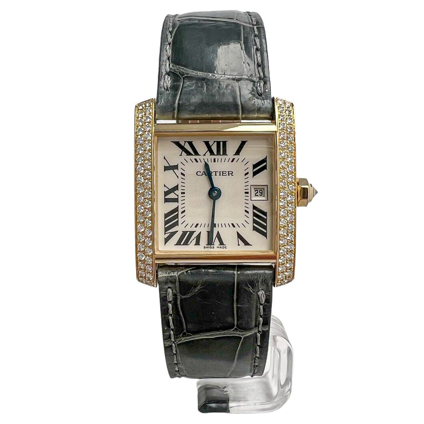 Cartier Tank Francaise 2466 18k Gold Diamond Bezel Green Strap Watch BOX PAPERS