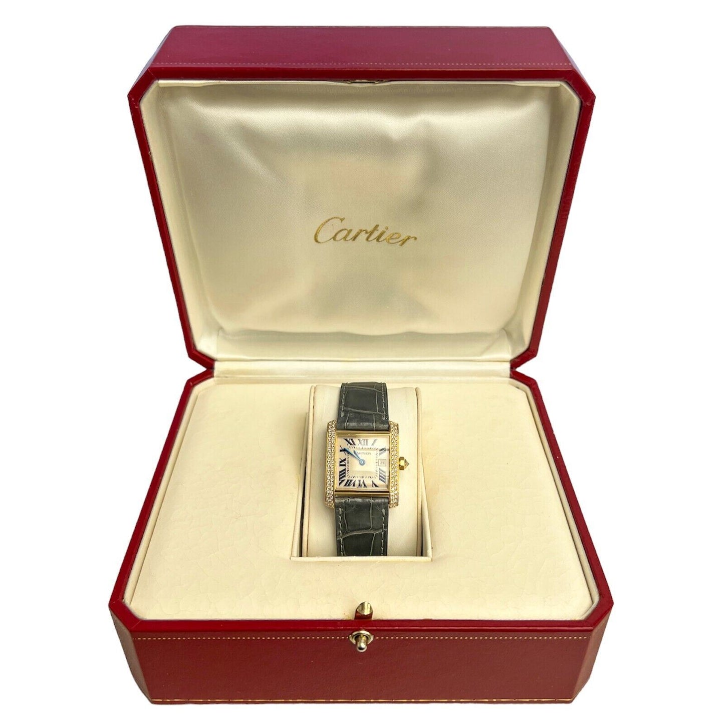 Cartier Tank Francaise 2466 18k Gold Diamond Bezel Green Strap Watch BOX PAPERS