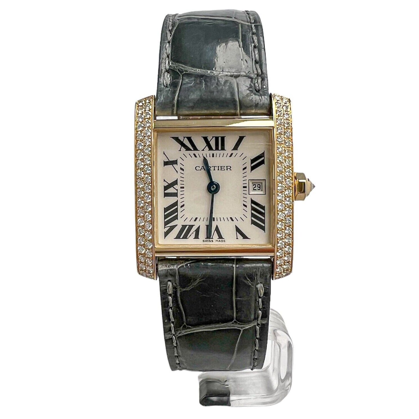 Cartier Tank Francaise 2466 18k Gold Diamond Bezel Green Strap Watch BOX PAPERS