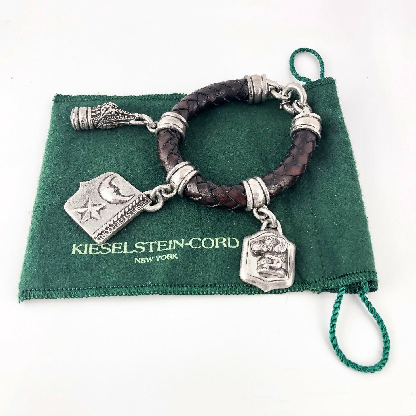 Kieselstein-Cord 925 Silver Star Moon Dog Gator Leather Charm Bracelet 1995 1996