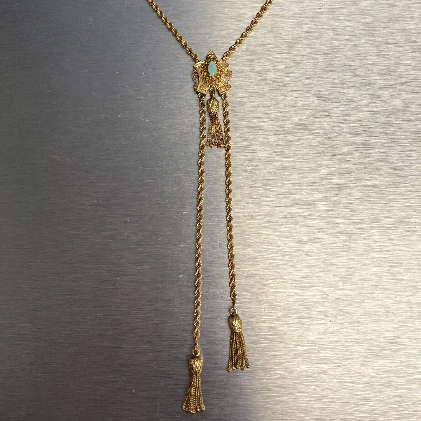 Antique Victorian 14k Gold Marquise Opal Dangling Tassel Slider Necklace 24" 36g