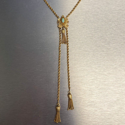 Antique Victorian 14k Gold Marquise Opal Dangling Tassel Slider Necklace 24" 36g