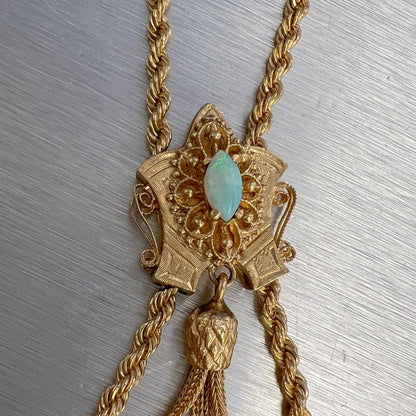 Antique Victorian 14k Gold Marquise Opal Dangling Tassel Slider Necklace 24" 36g