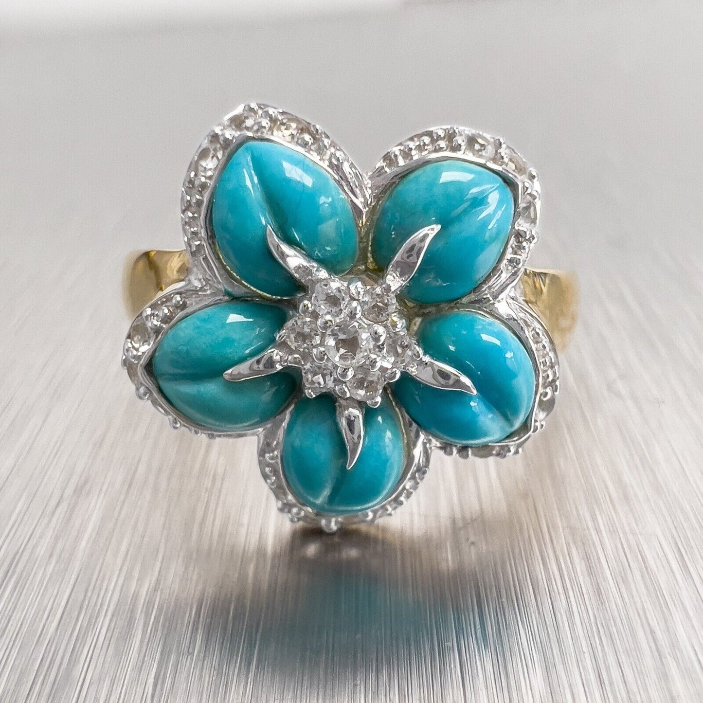 14k Yellow & White Gold Flower Turquoise Cubic Zirconia Cocktail Ring Size 9