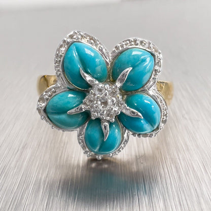 14k Yellow & White Gold Flower Turquoise Cubic Zirconia Cocktail Ring Size 9