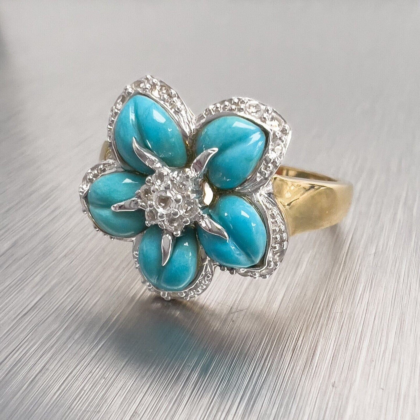 14k Yellow & White Gold Flower Turquoise Cubic Zirconia Cocktail Ring Size 9