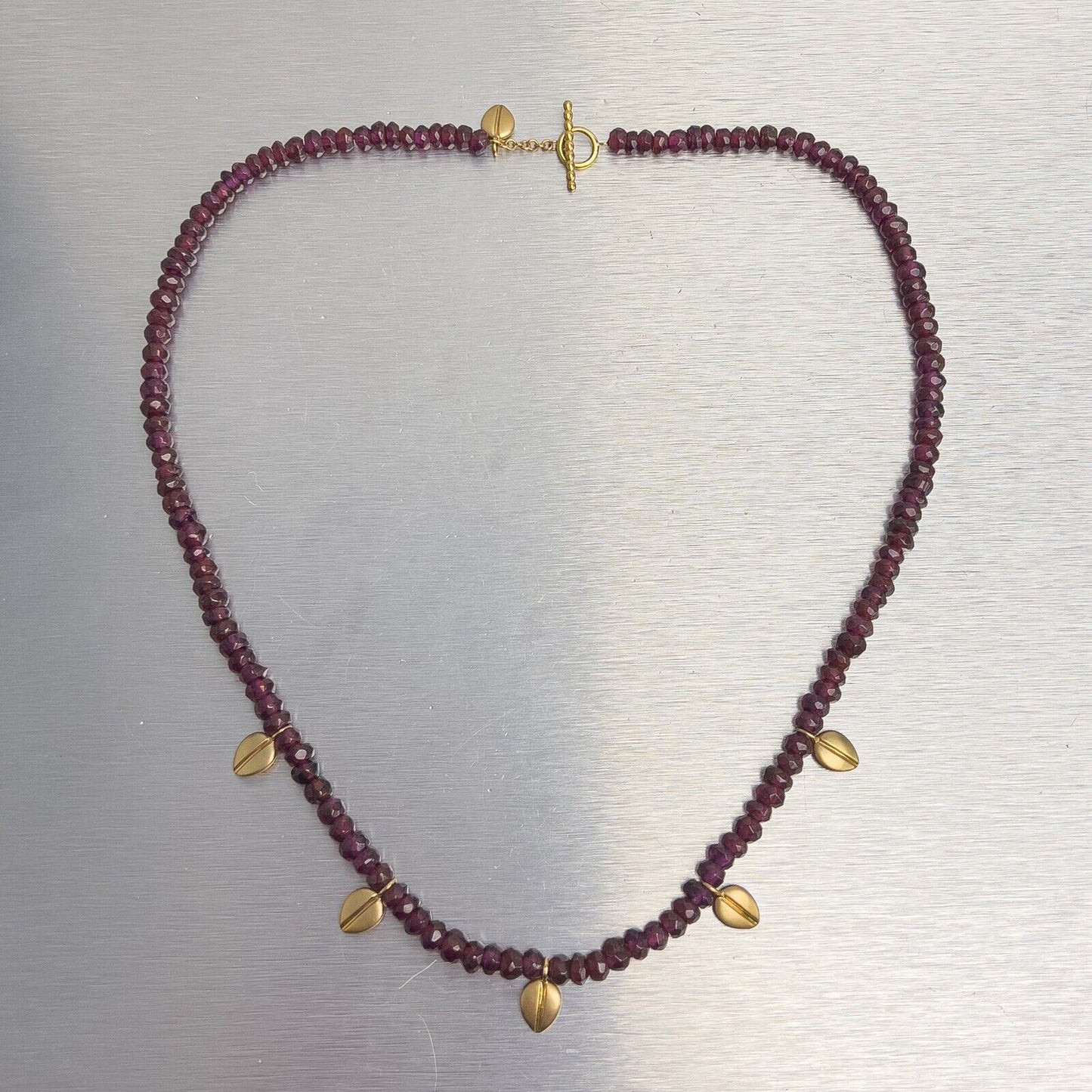 Jane Bohan 14k Gold Merlot Brazilian Garnet Bead Leaf Necklace 18" RETIRED