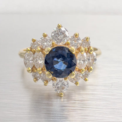 18k Yellow Gold 0.75ct Sapphire Diamond Cluster Cocktail Ring 0.50ctw sz 8.75