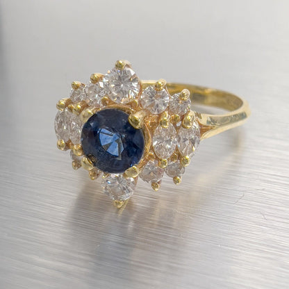 18k Yellow Gold 0.75ct Sapphire Diamond Cluster Cocktail Ring 0.50ctw sz 8.75