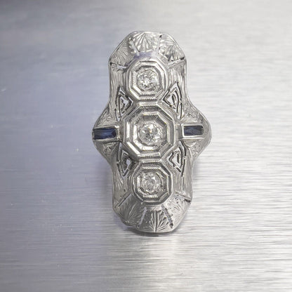 Antique Art Deco 18k White Gold Diamond .10ct Sapphire Cocktail Ring 0.15ctw sz6