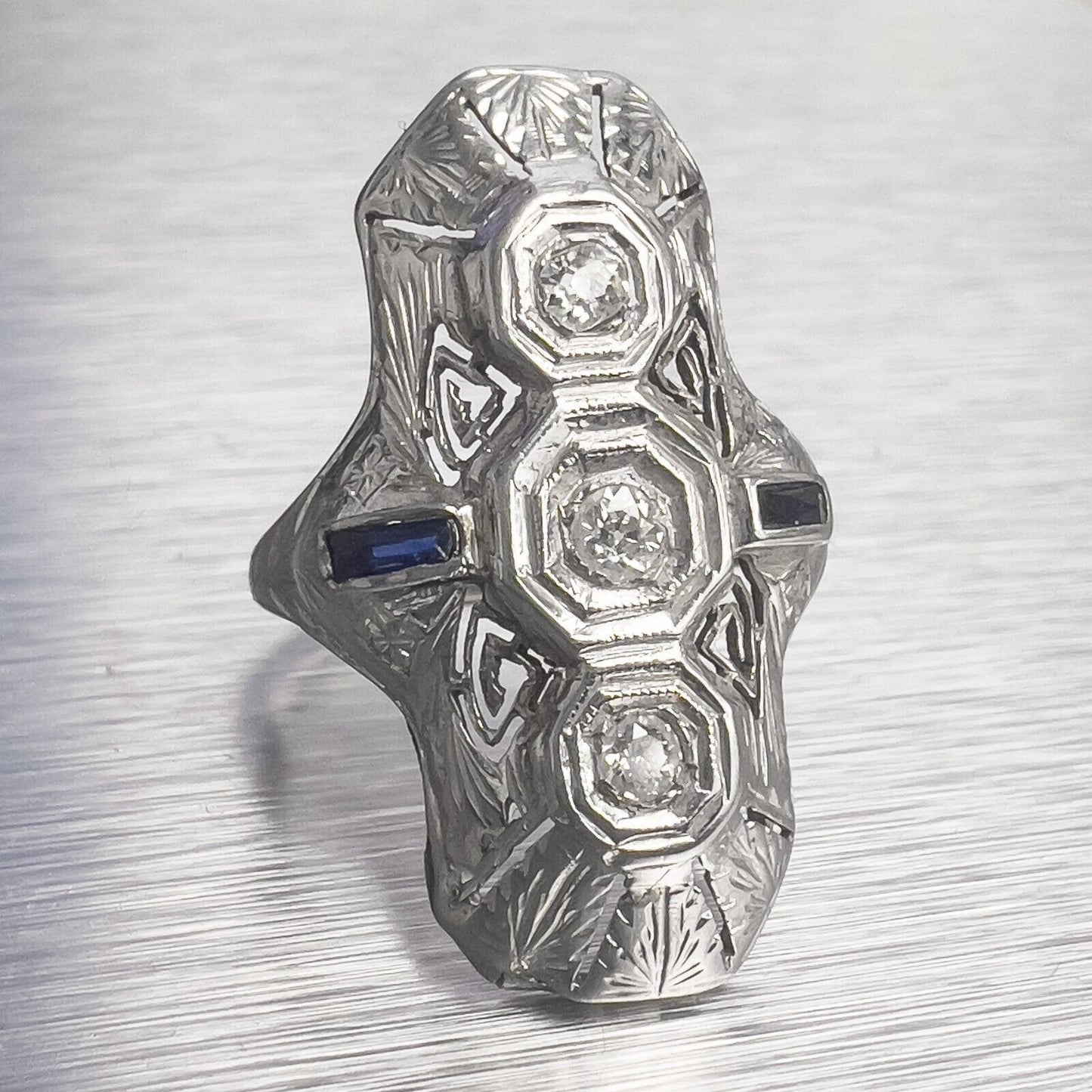 Antique Art Deco 18k White Gold Diamond .10ct Sapphire Cocktail Ring 0.15ctw sz6