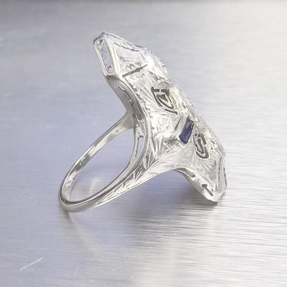 Antique Art Deco 18k White Gold Diamond .10ct Sapphire Cocktail Ring 0.15ctw sz6