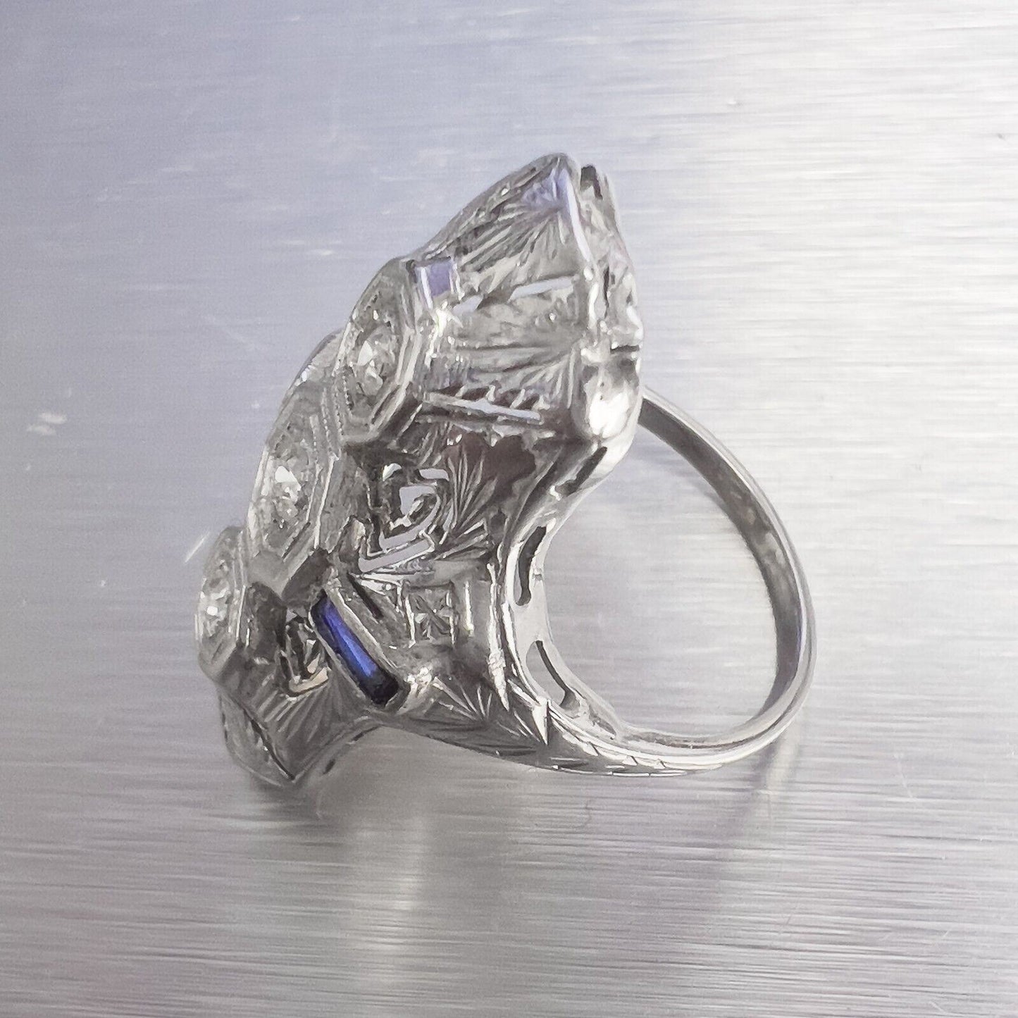 Antique Art Deco 18k White Gold Diamond .10ct Sapphire Cocktail Ring 0.15ctw sz6