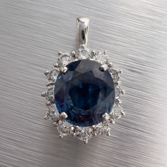 14k White Gold Blue 2.68ct Oval Sapphire Diamond Halo Pendant 0.85ctw G VS2