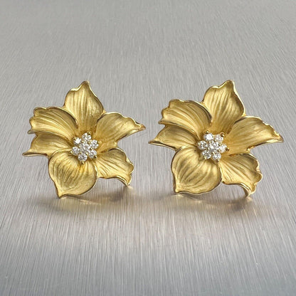 18k Yellow Gold Diamond Peach Blossom Flower Omega Back Earrings 0.50ctw 21.3g