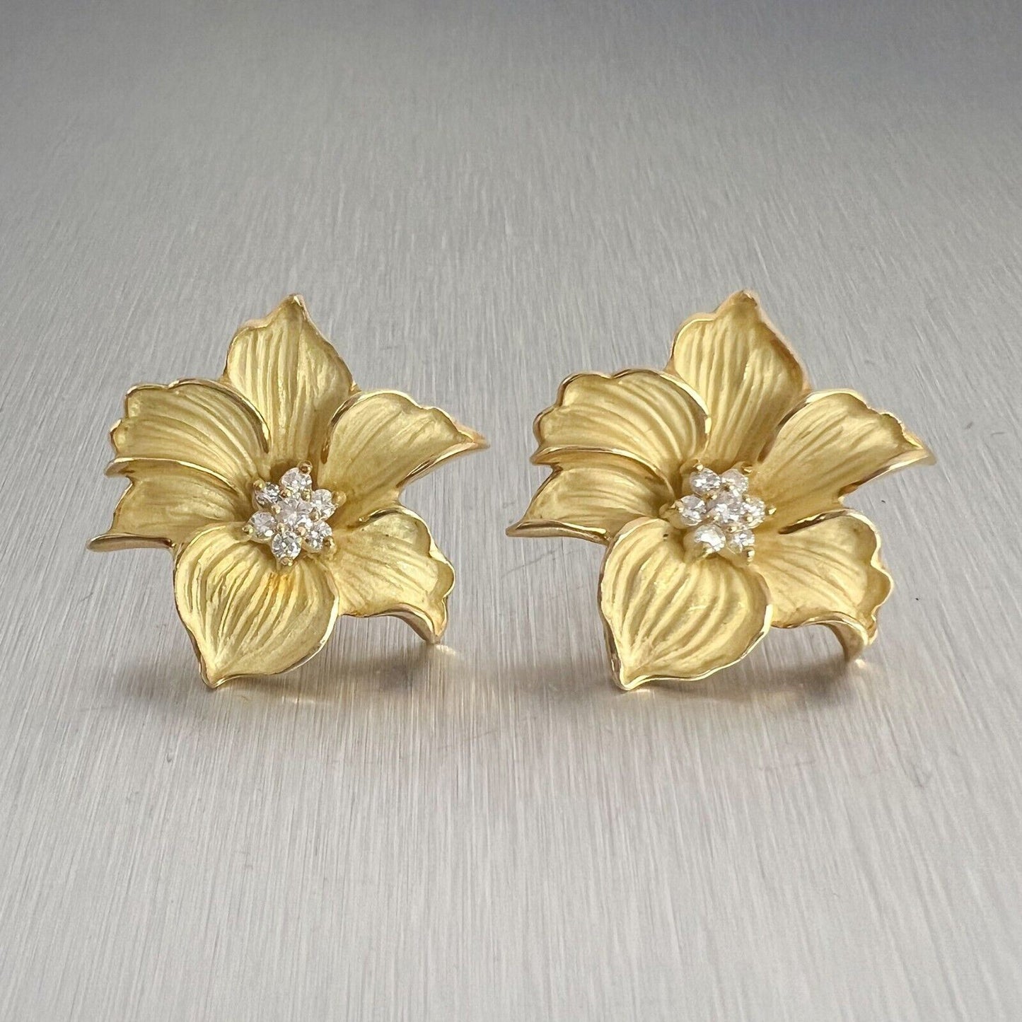 18k Yellow Gold Diamond Peach Blossom Flower Omega Back Earrings 0.50ctw 21.3g