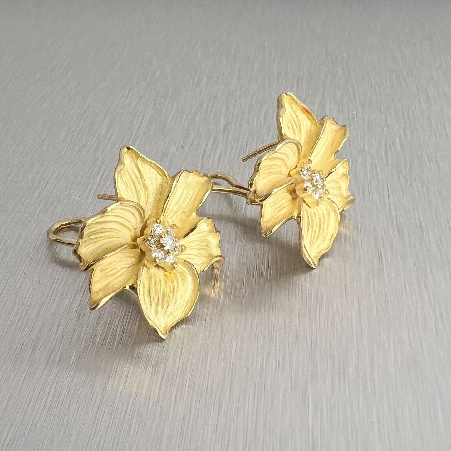 18k Yellow Gold Diamond Peach Blossom Flower Omega Back Earrings 0.50ctw 21.3g