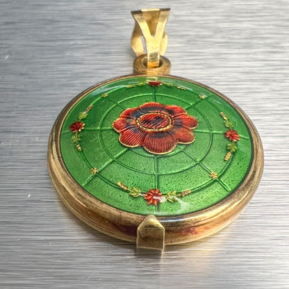 Vintage 18k Yellow Gold Green & Red Floral Motif Locket 7.6g ITALY