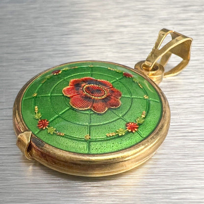 Vintage 18k Yellow Gold Green & Red Floral Motif Locket 7.6g ITALY