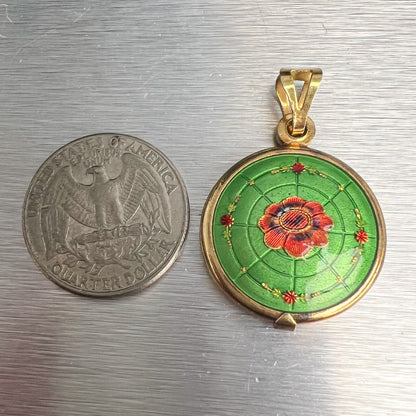 Vintage 18k Yellow Gold Green & Red Floral Motif Locket 7.6g ITALY