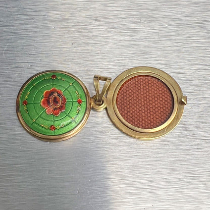 Vintage 18k Yellow Gold Green & Red Floral Motif Locket 7.6g ITALY