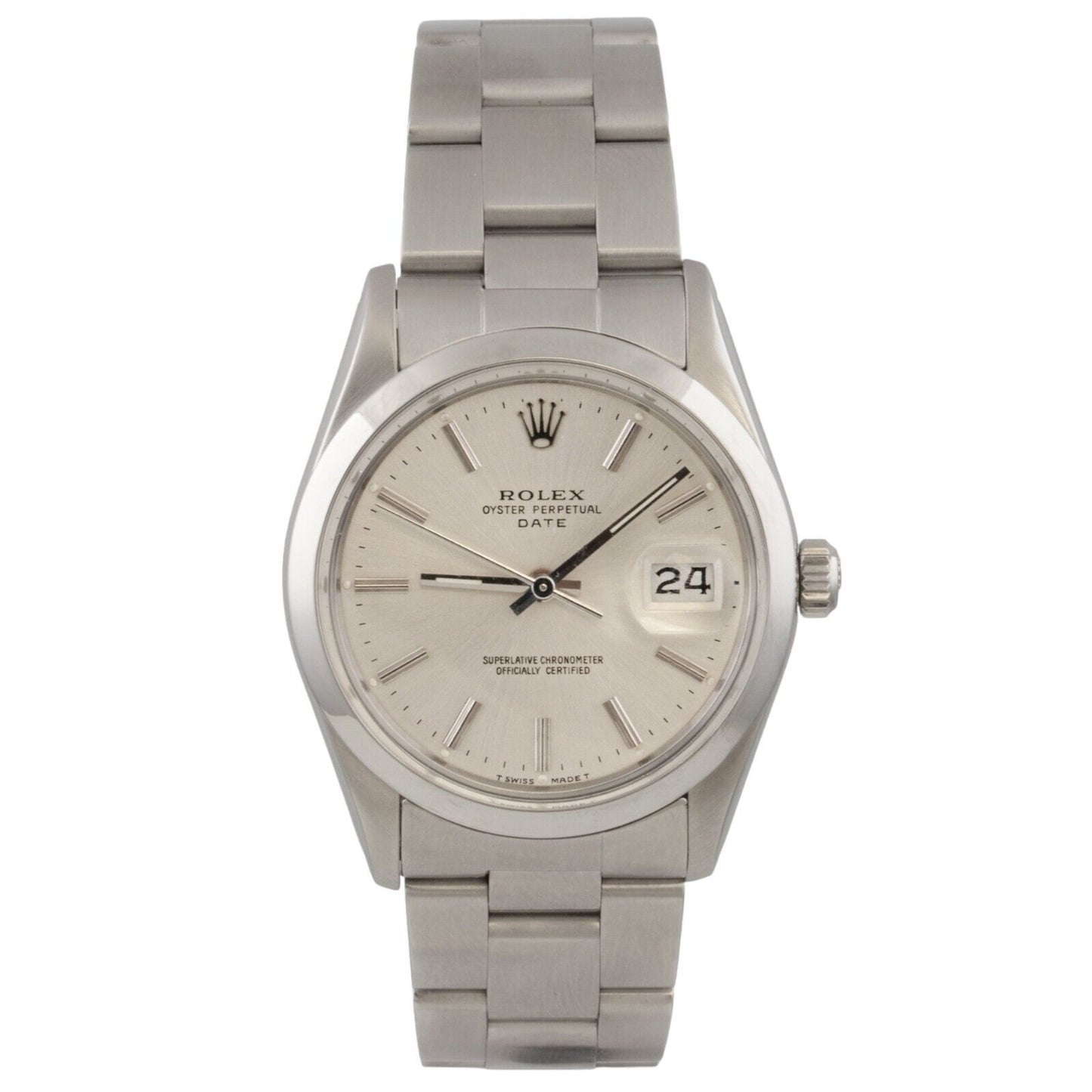 Rolex Oyster Perpetual Date Silver Dial Stainless Steel Smooth Bezel 34mm 15000