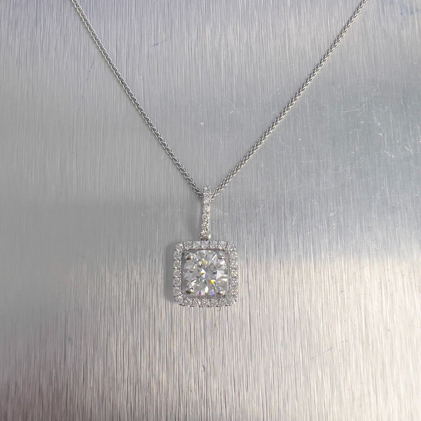 14k White Gold GIA Diamond Square Halo Cluster Pendant Necklace 1.61ctw 16"