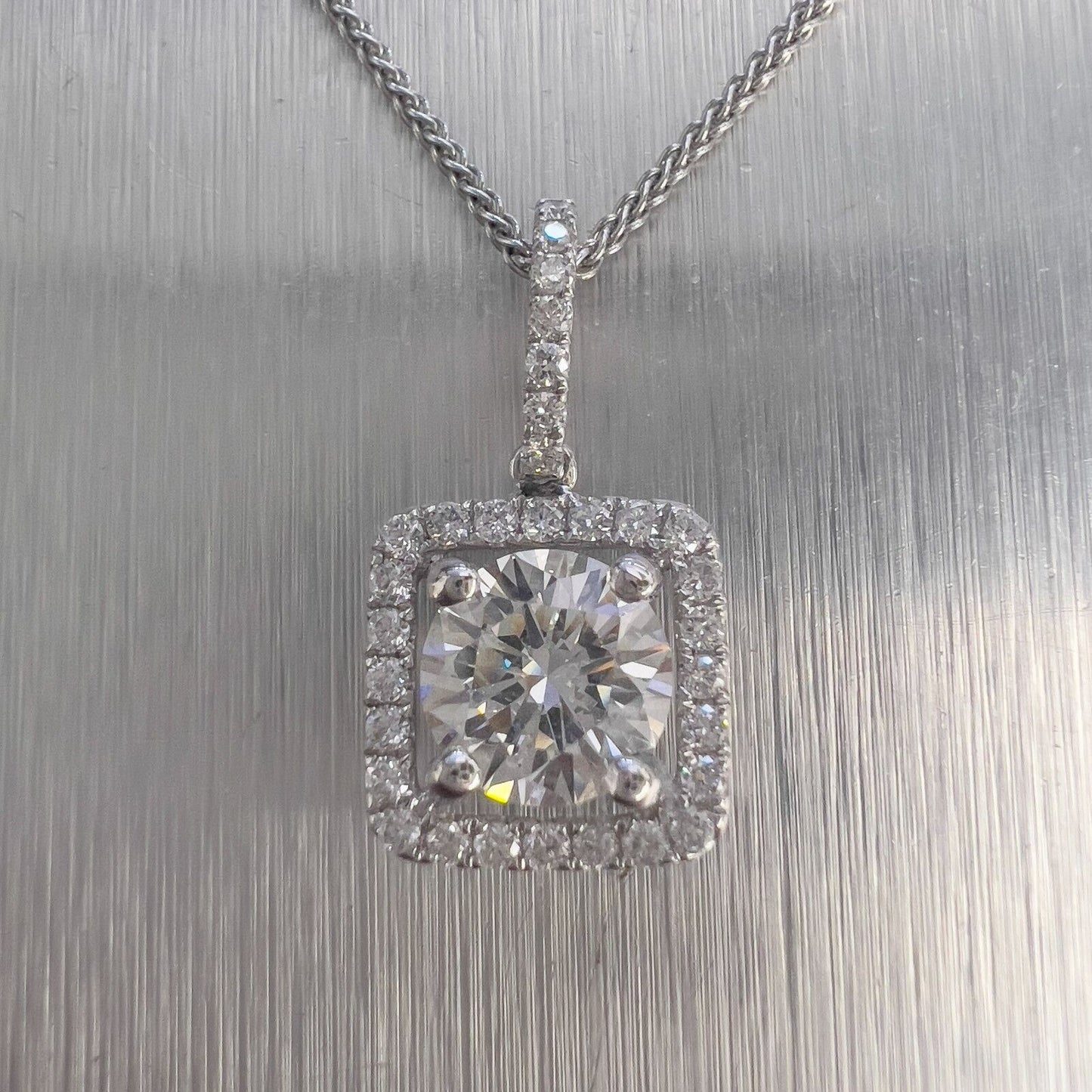 14k White Gold GIA Diamond Square Halo Cluster Pendant Necklace 1.61ctw 16"